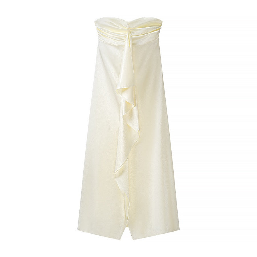 Strapless satin maxi dress with slit and ruffle design – Ophelia