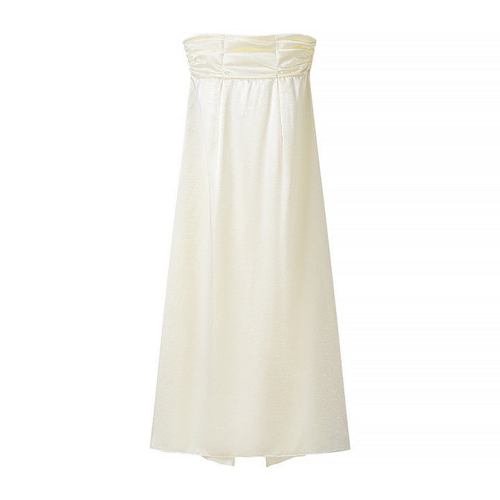 Strapless satin maxi dress with slit and ruffle design – Ophelia