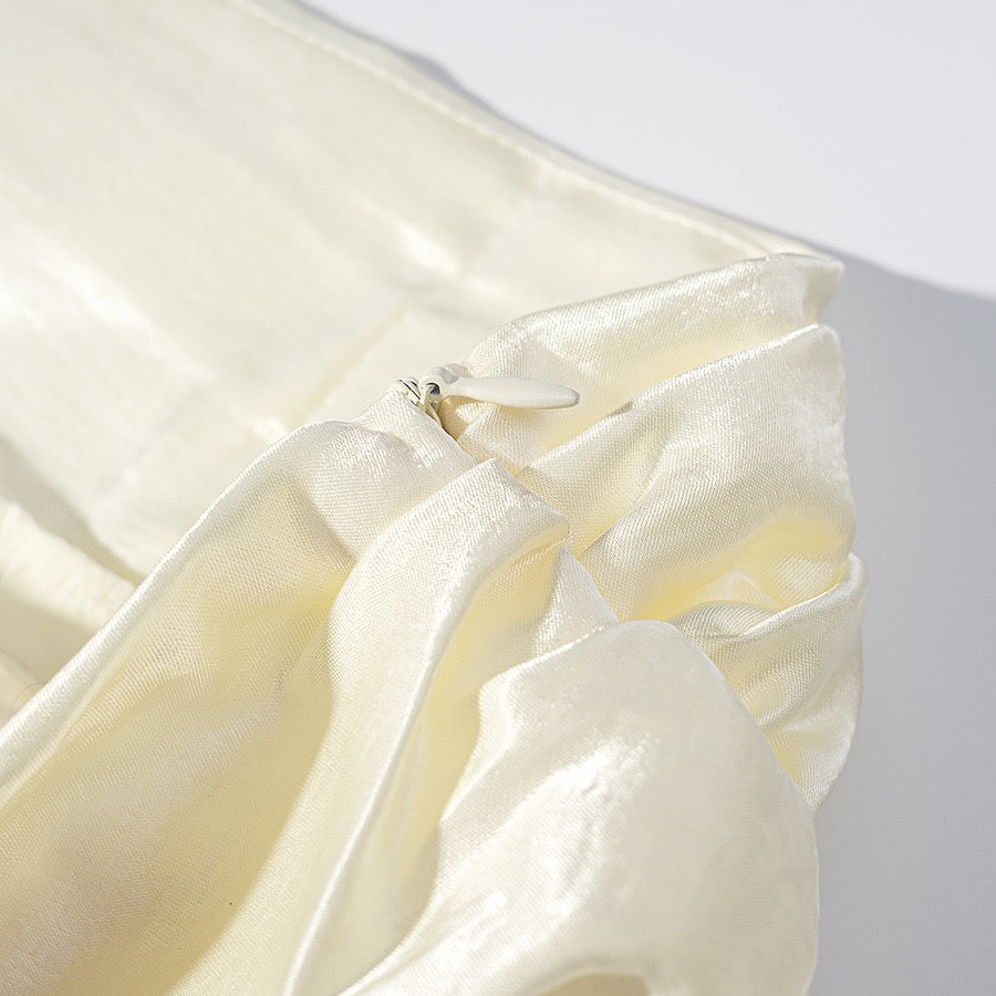 Strapless satin maxi dress with slit and ruffle design – Ophelia