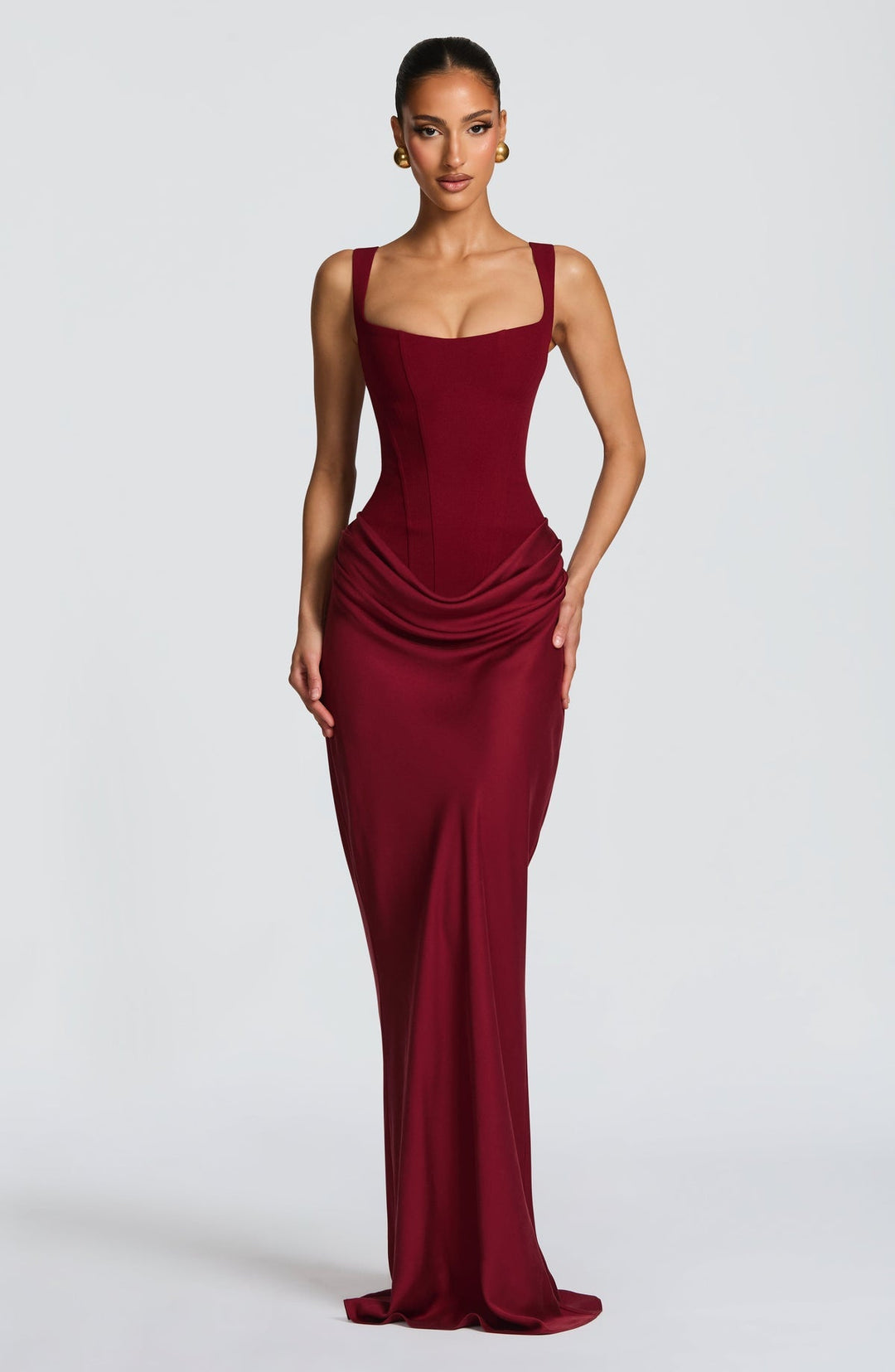 Maxi dress with satin pleats and a tie-back bodice for fastening at the waist - Loiana