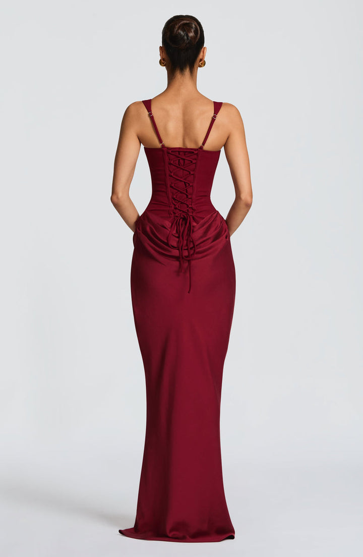 Maxi dress with satin pleats and a tie-back bodice for fastening at the waist - Loiana