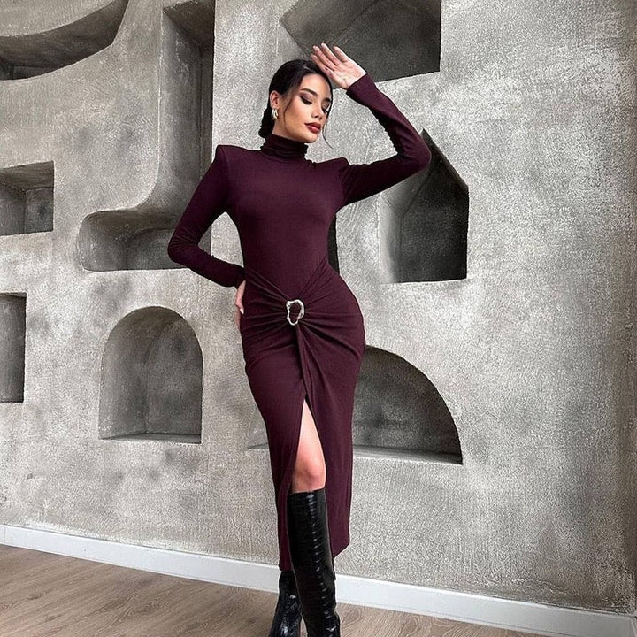Midi dress with turtleneck, slit, and buckle design - RAVID