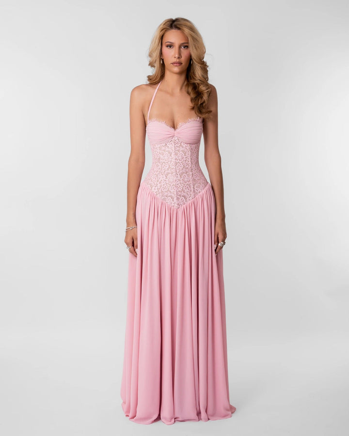 Lace maxi dress with back tie for a fitted waist – Nina