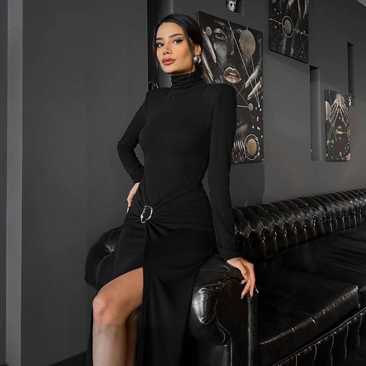 Midi dress with turtleneck, slit, and buckle design - RAVID
