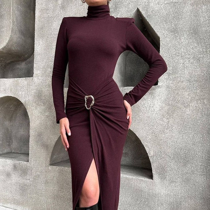 Midi dress with turtleneck, slit, and buckle design - RAVID