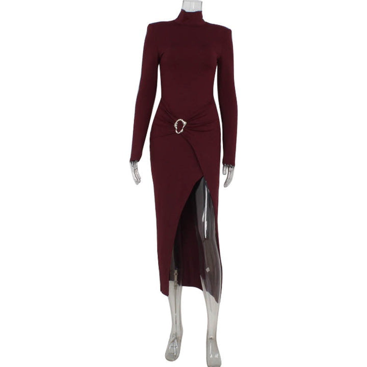 Midi dress with turtleneck, slit, and buckle design - RAVID