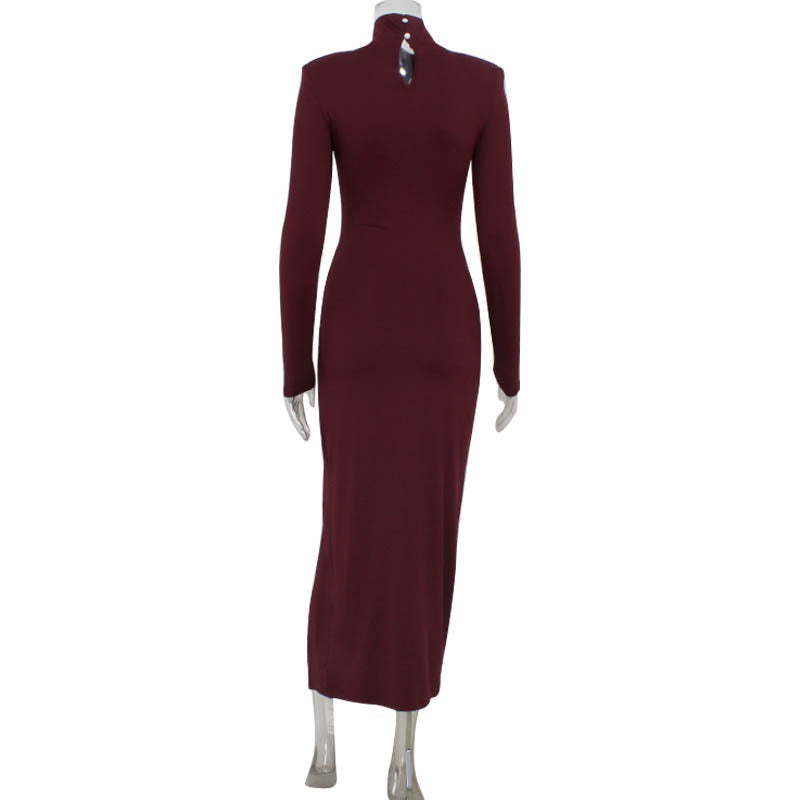 Midi dress with turtleneck, slit, and buckle design - RAVID