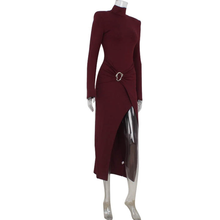 Midi dress with turtleneck, slit, and buckle design - RAVID