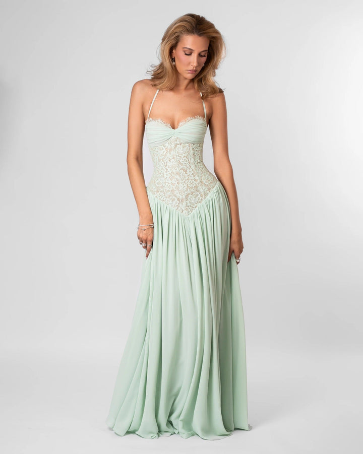Lace maxi dress with back tie for a fitted waist – Nina