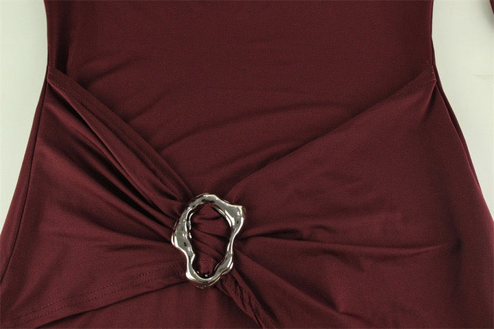Midi dress with turtleneck, slit, and buckle design - RAVID
