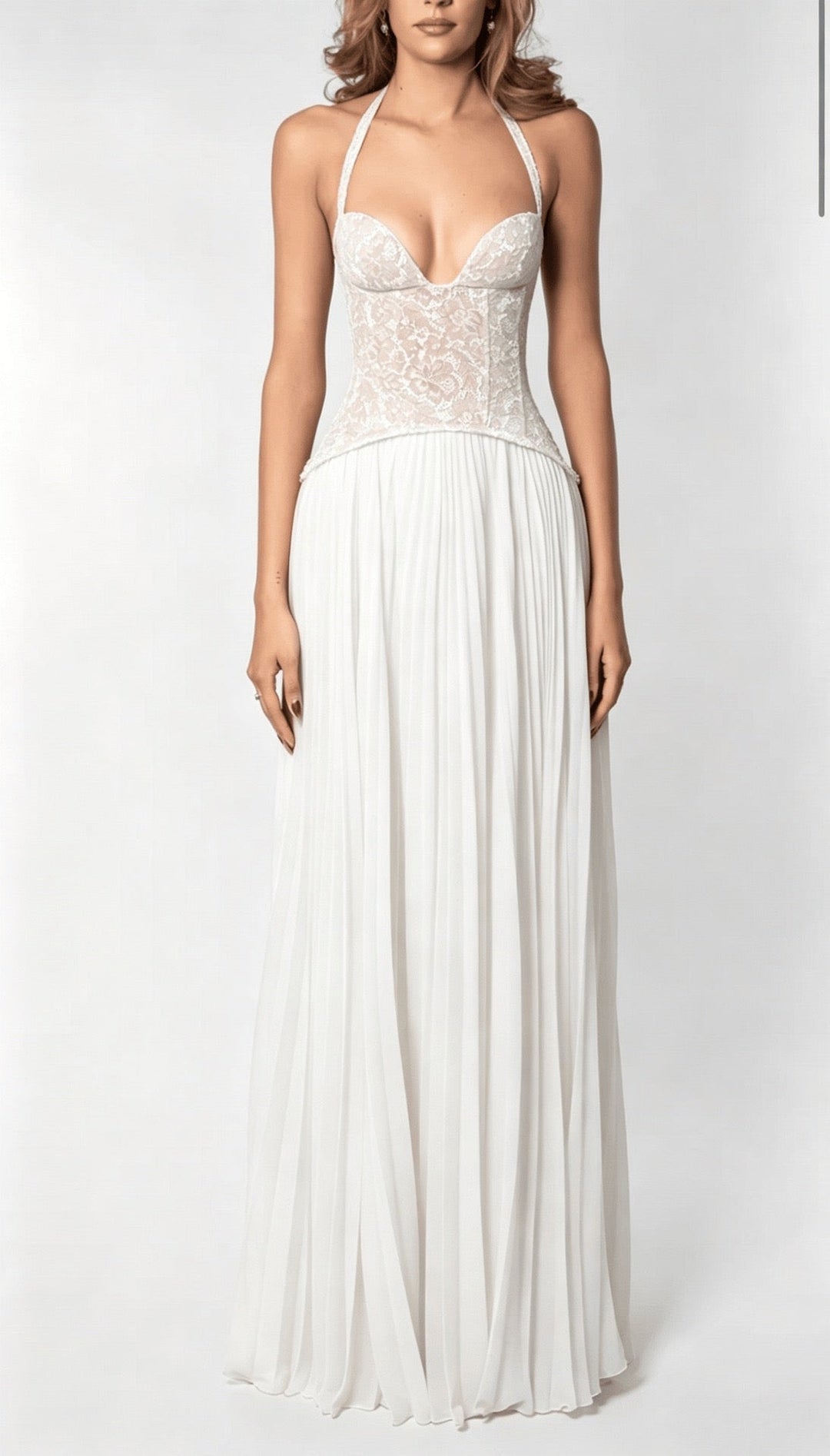 Pleated maxi dress with a lace design, back tie, and waist fastening - MELIA