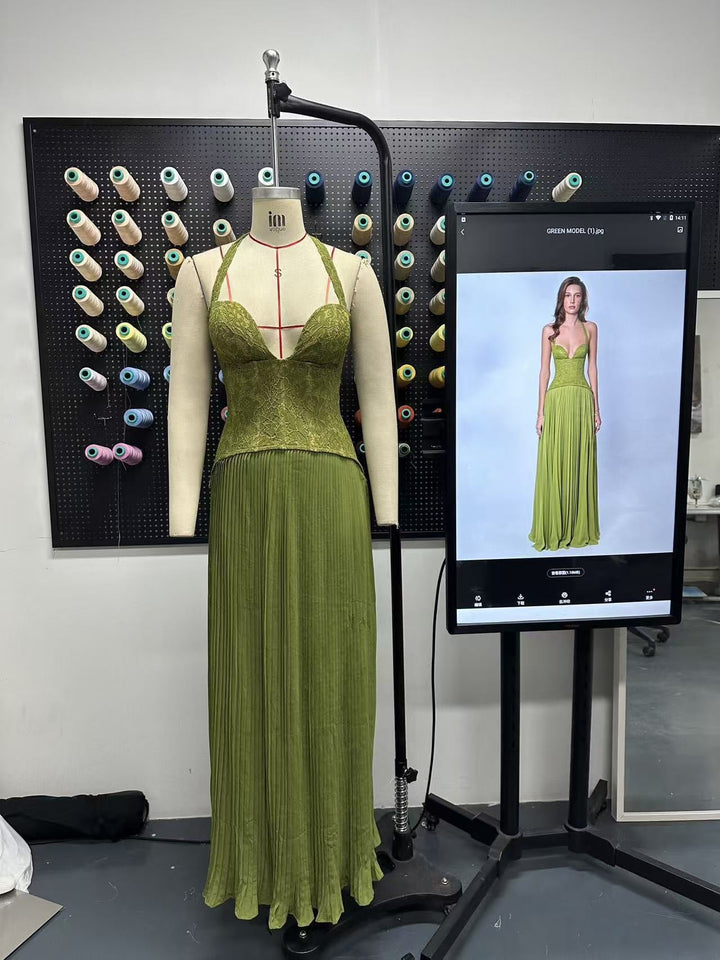 Pleated maxi dress with a lace design, back tie, and waist fastening - MELIA