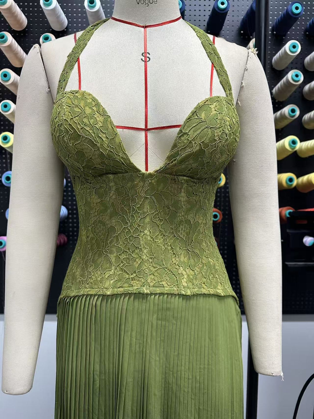 Pleated maxi dress with a lace design, back tie, and waist fastening - MELIA