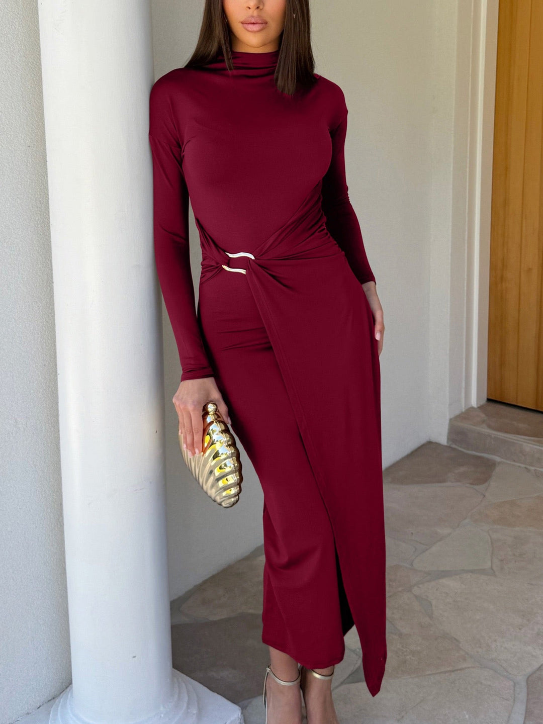 Maxi dress with gathers and buckle decoration - AHVA