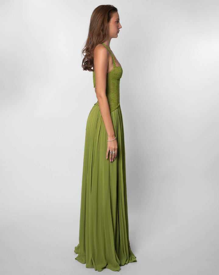 Pleated maxi dress with a lace design, back tie, and waist fastening - MELIA