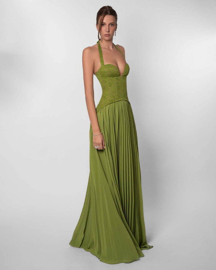 Pleated maxi dress with a lace design, back tie, and waist fastening - MELIA