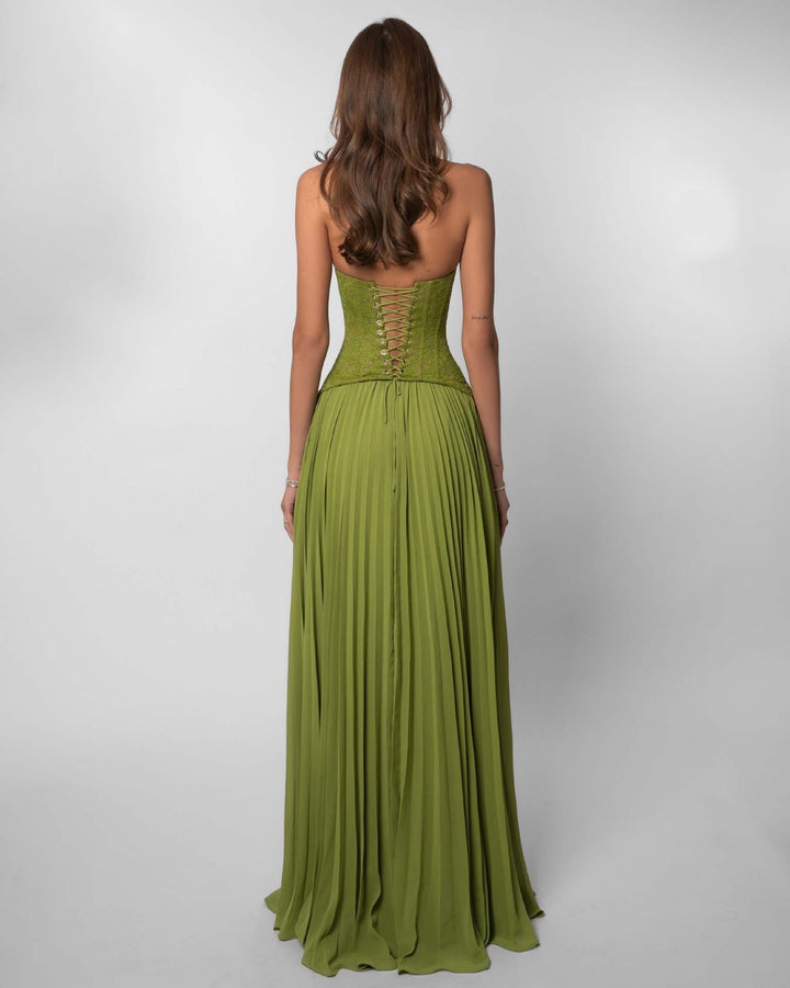 Pleated maxi dress with a lace design, back tie, and waist fastening - MELIA