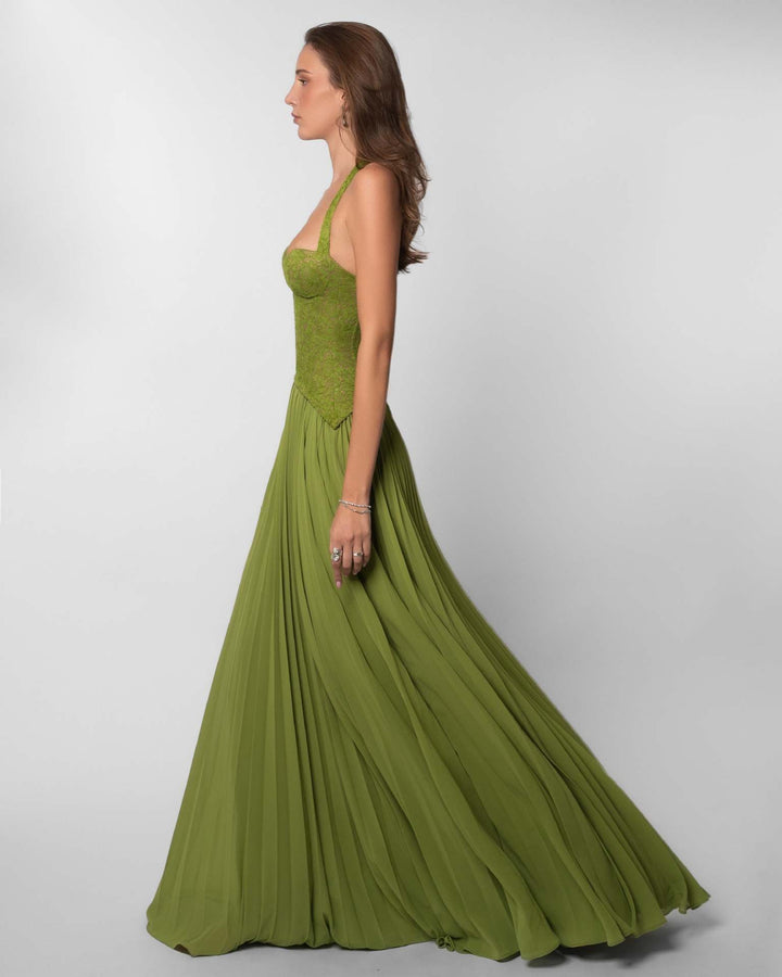 Pleated maxi dress with a lace design, back tie, and waist fastening - MELIA