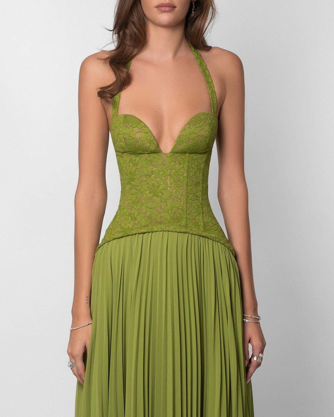 Pleated maxi dress with a lace design, back tie, and waist fastening - MELIA