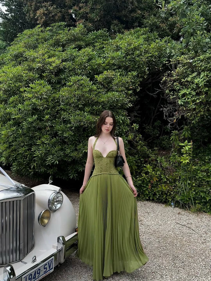 Pleated maxi dress with a lace design, back tie, and waist fastening - MELIA