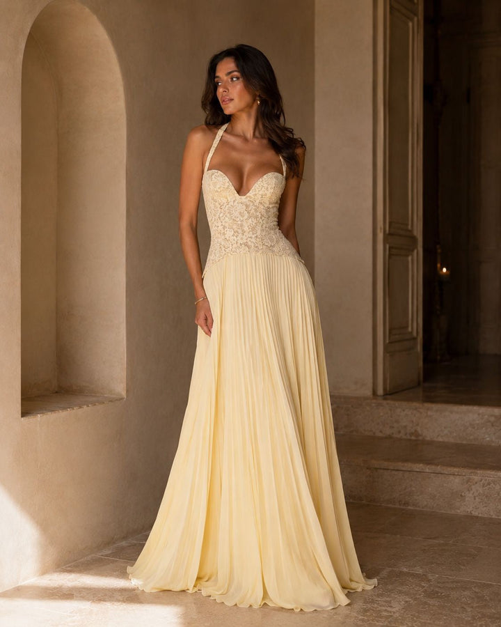Pleated maxi dress with a lace design, back tie, and waist fastening - MELIA
