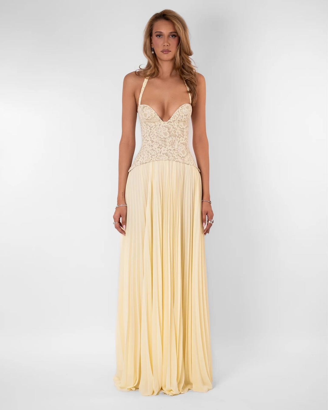 Pleated maxi dress with a lace design, back tie, and waist fastening - MELIA