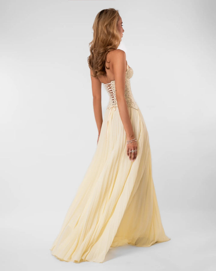 Pleated maxi dress with a lace design, back tie, and waist fastening - MELIA