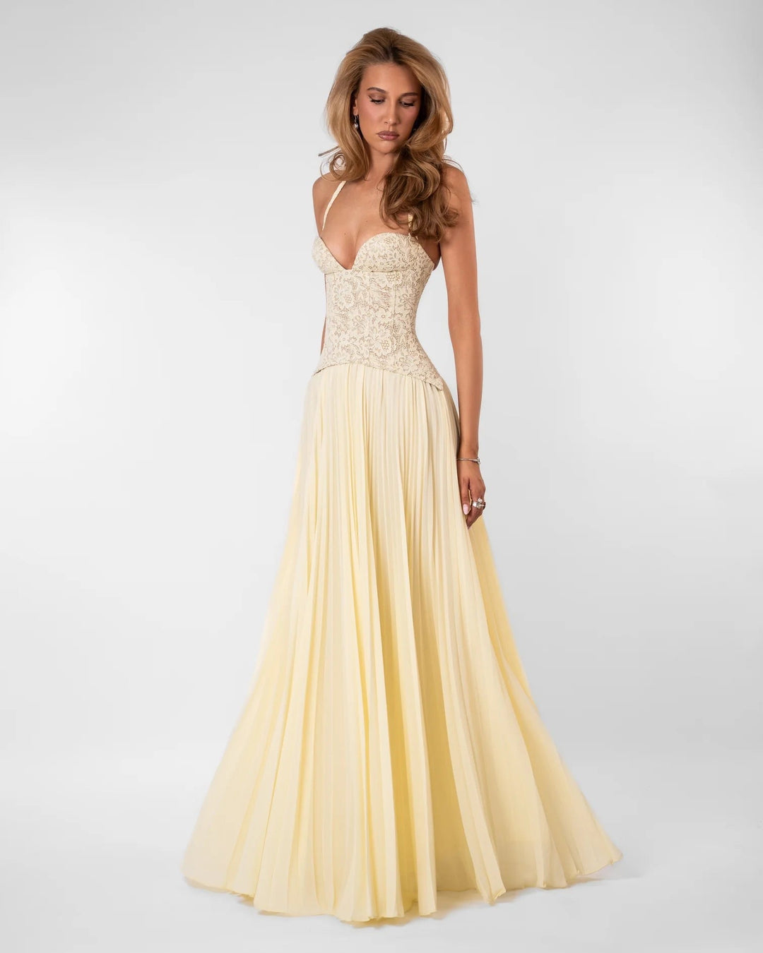 Pleated maxi dress with a lace design, back tie, and waist fastening - MELIA