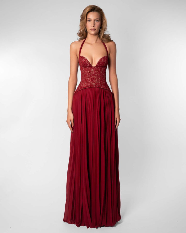 Pleated maxi dress with a lace design, back tie, and waist fastening - MELIA