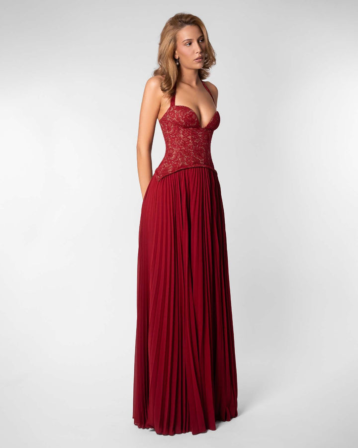 Pleated maxi dress with a lace design, back tie, and waist fastening - MELIA