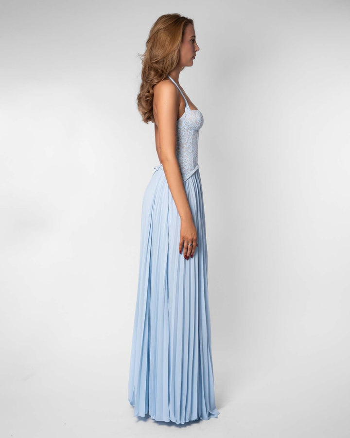 Pleated maxi dress with a lace design, back tie, and waist fastening - MELIA