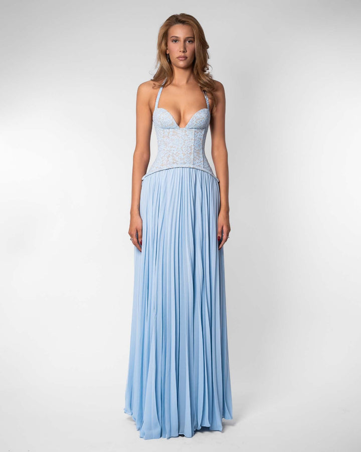 Pleated maxi dress with a lace design, back tie, and waist fastening - MELIA