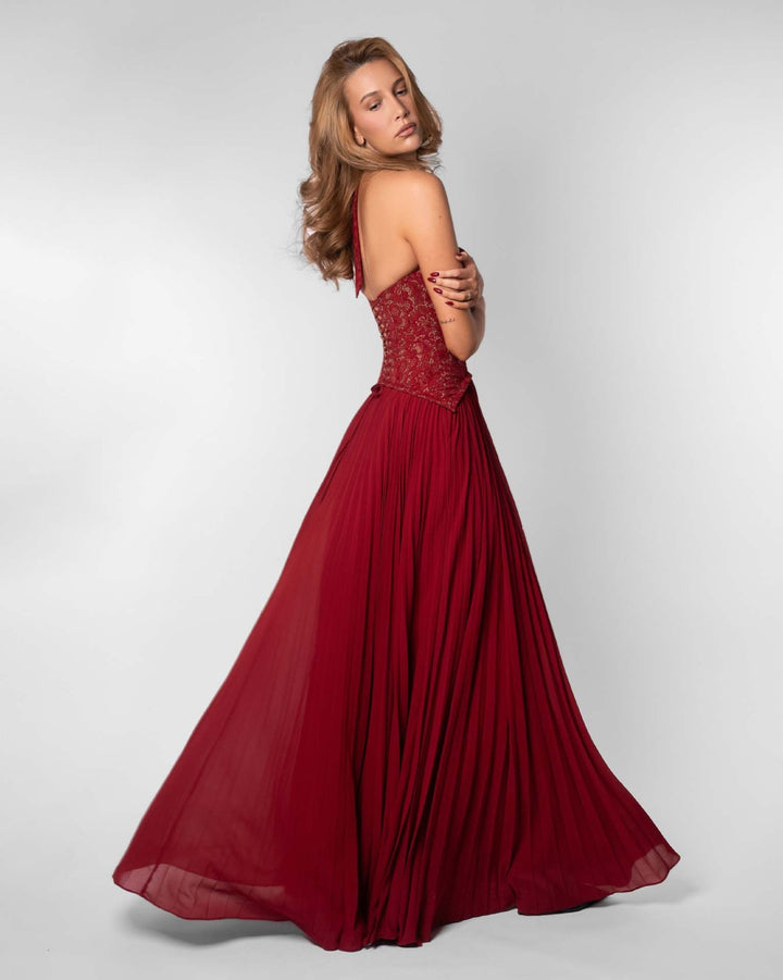 Pleated maxi dress with a lace design, back tie, and waist fastening - MELIA