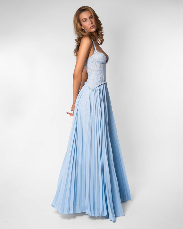 Pleated maxi dress with a lace design, back tie, and waist fastening - MELIA