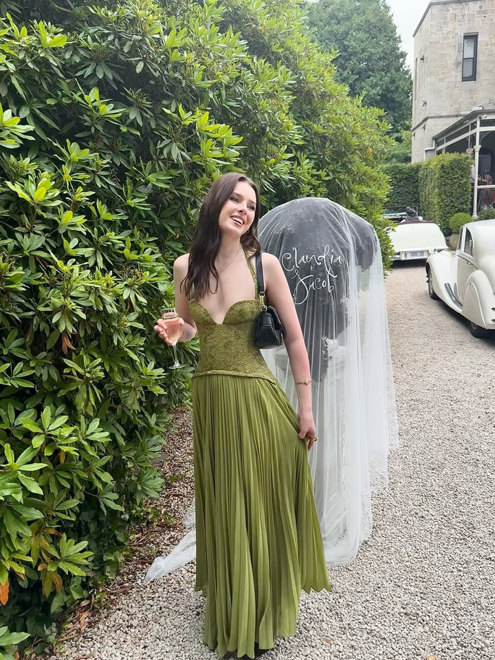 Pleated maxi dress with a lace design, back tie, and waist fastening - MELIA