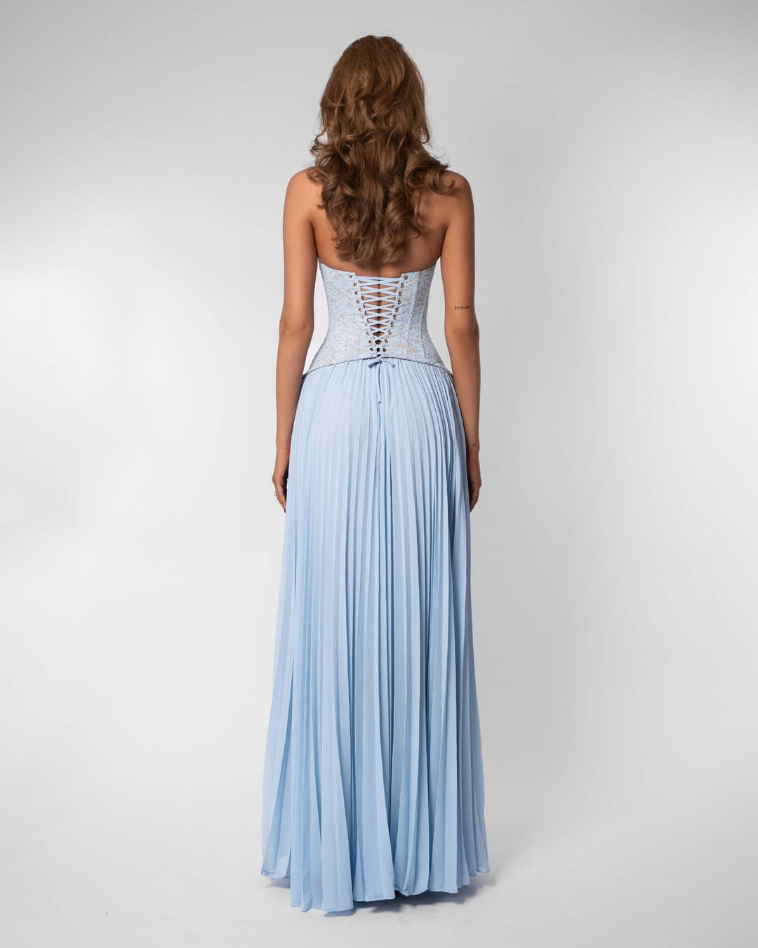 Pleated maxi dress with a lace design, back tie, and waist fastening - MELIA
