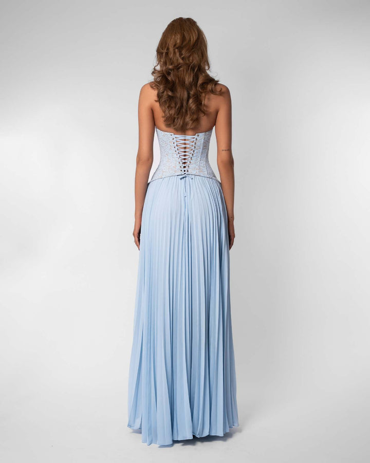 Pleated maxi dress with a lace design, back tie, and waist fastening - MELIA