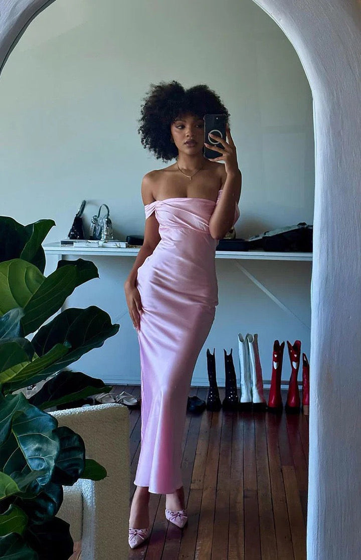 Satin maxi dress with off-the-shoulder design – Corey