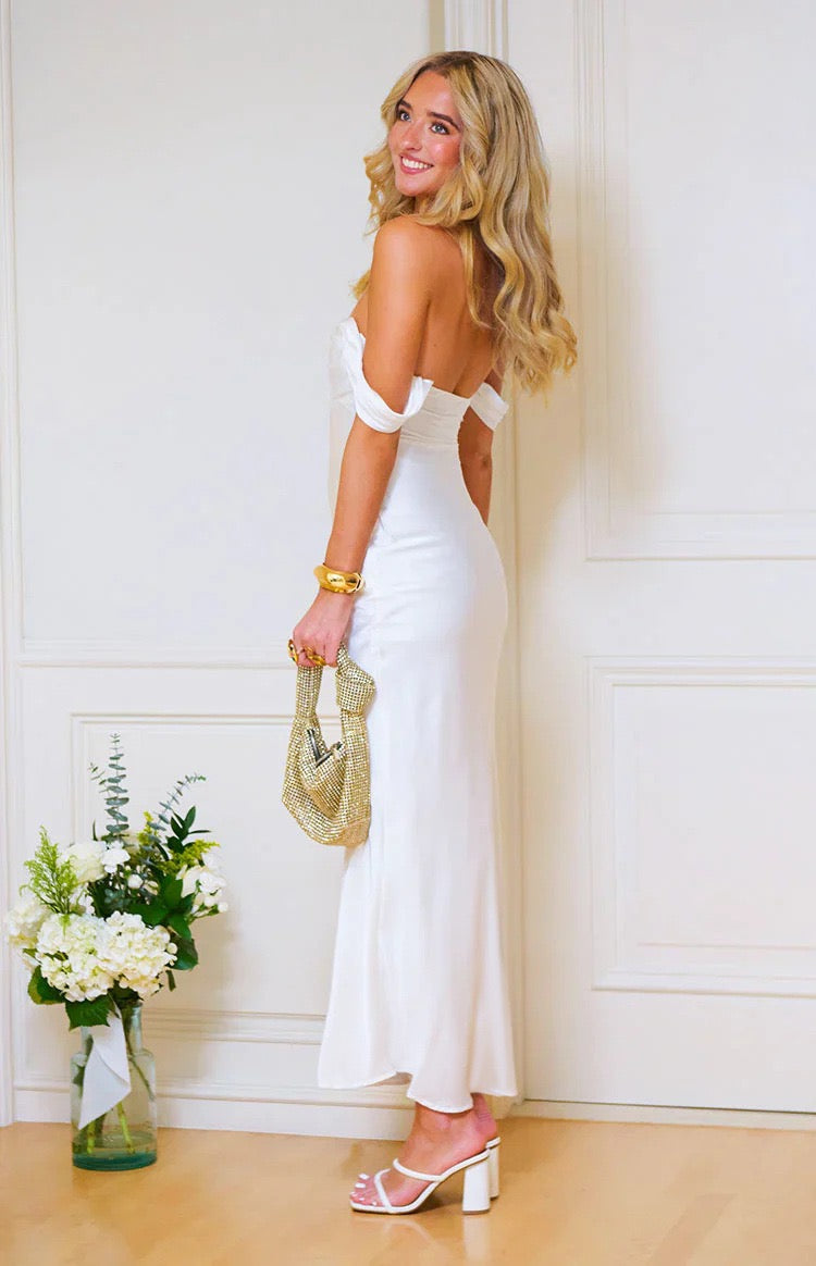 Satin maxi dress with off-the-shoulder design – Corey