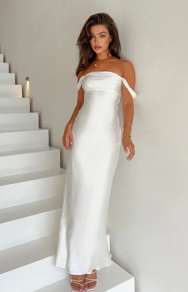 Satin maxi dress with off-the-shoulder design – Corey