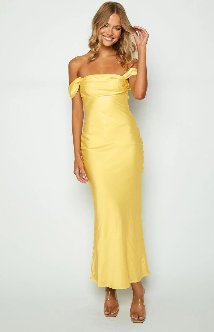 Satin maxi dress with off-the-shoulder design – Corey