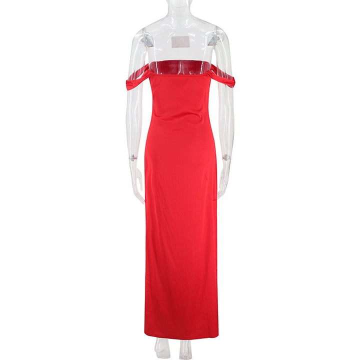 Satin maxi dress with off-the-shoulder design – Corey