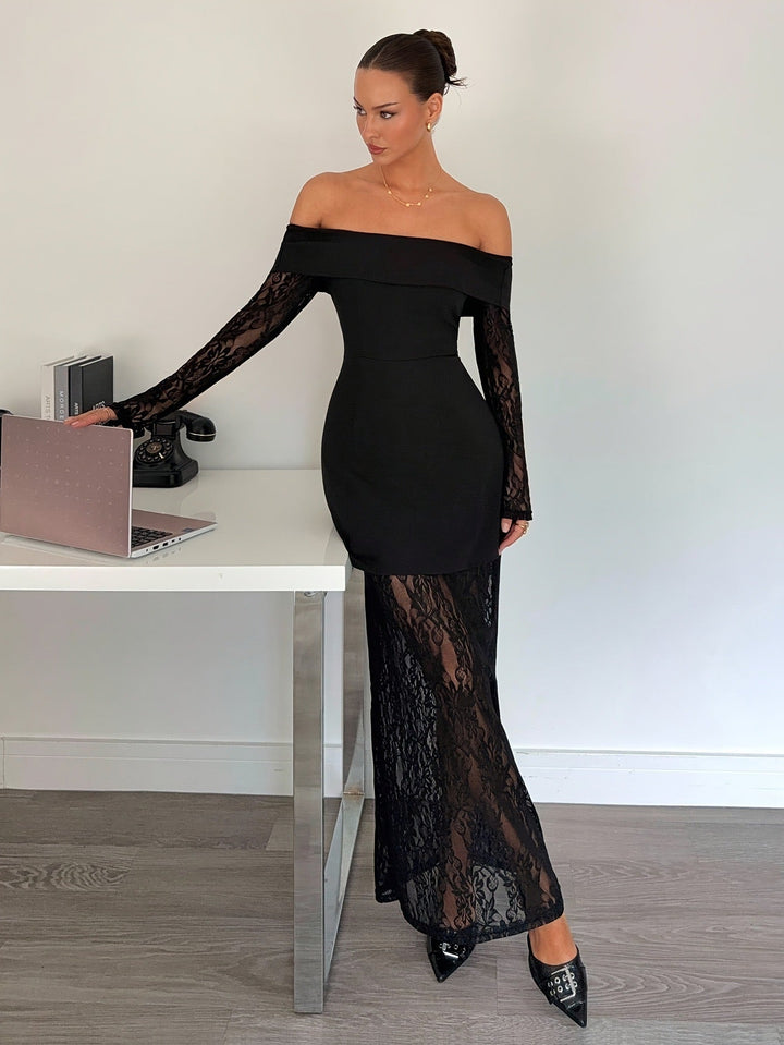Off-shoulder maxi dress with lace design - LENNA