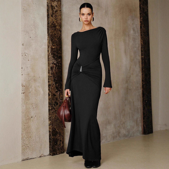 Maxi dress with gathers and buckle design - HAVA
