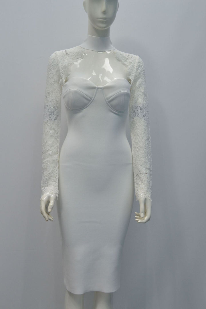 Tailored midi dress with shaping fabric and lace decoration - ALORA