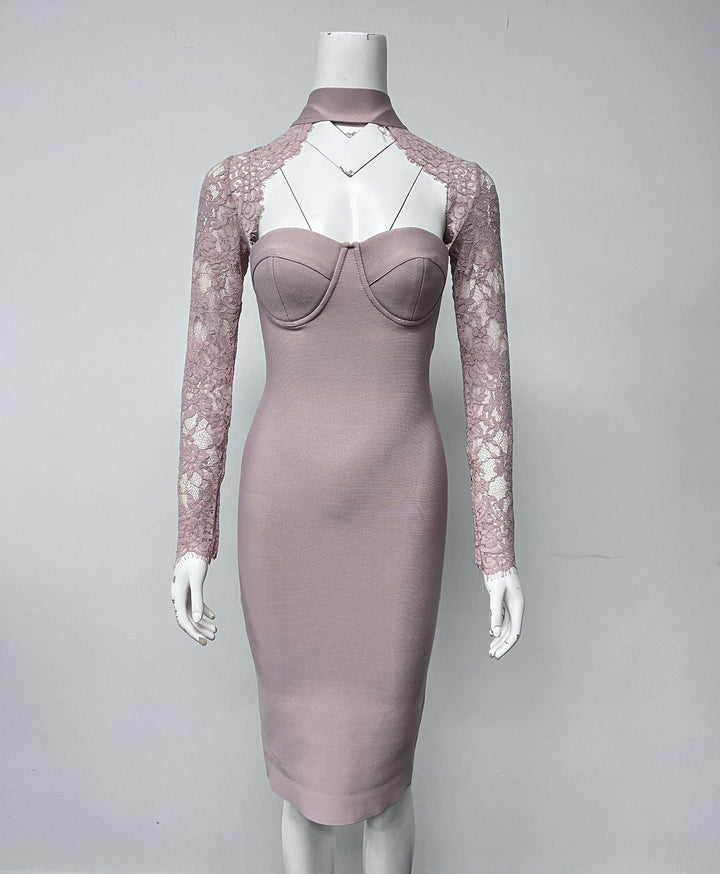 Tailored midi dress with shaping fabric and lace decoration - ALORA