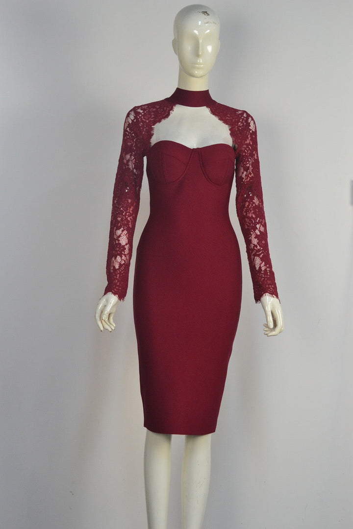 Tailored midi dress with shaping fabric and lace decoration - ALORA