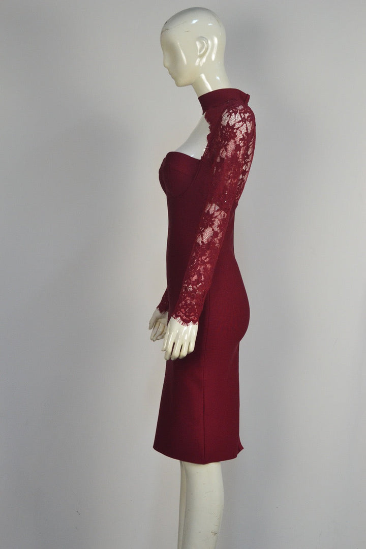 Tailored midi dress with shaping fabric and lace decoration - ALORA