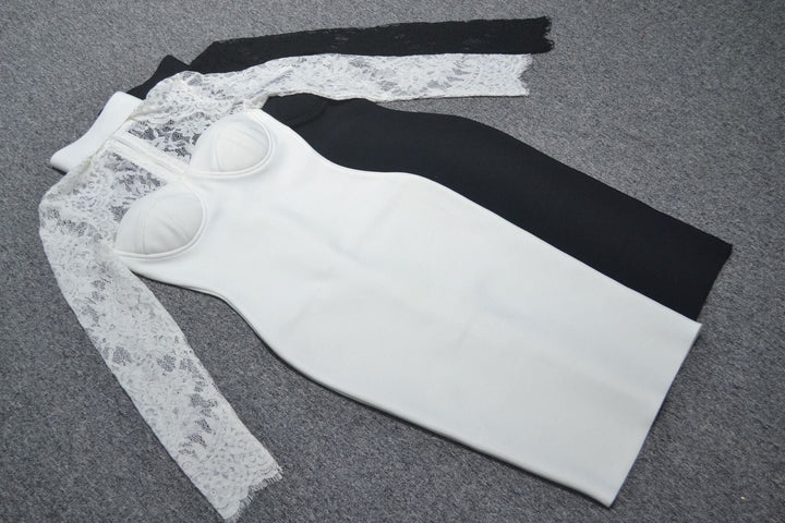 Tailored midi dress with shaping fabric and lace decoration - ALORA