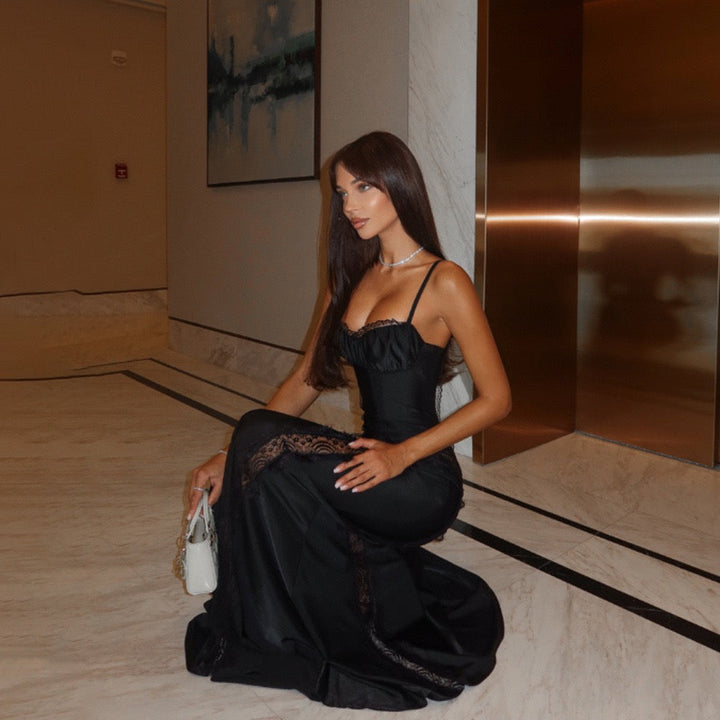 Maxi dress in shiny fabric with lace design - Alexa